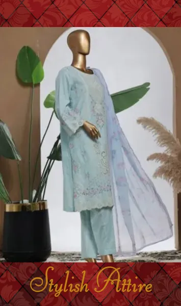Pakistani Original Bin Saeed Luxury Plain Cotton Stitched 3 Pcs _ Powder Blue 